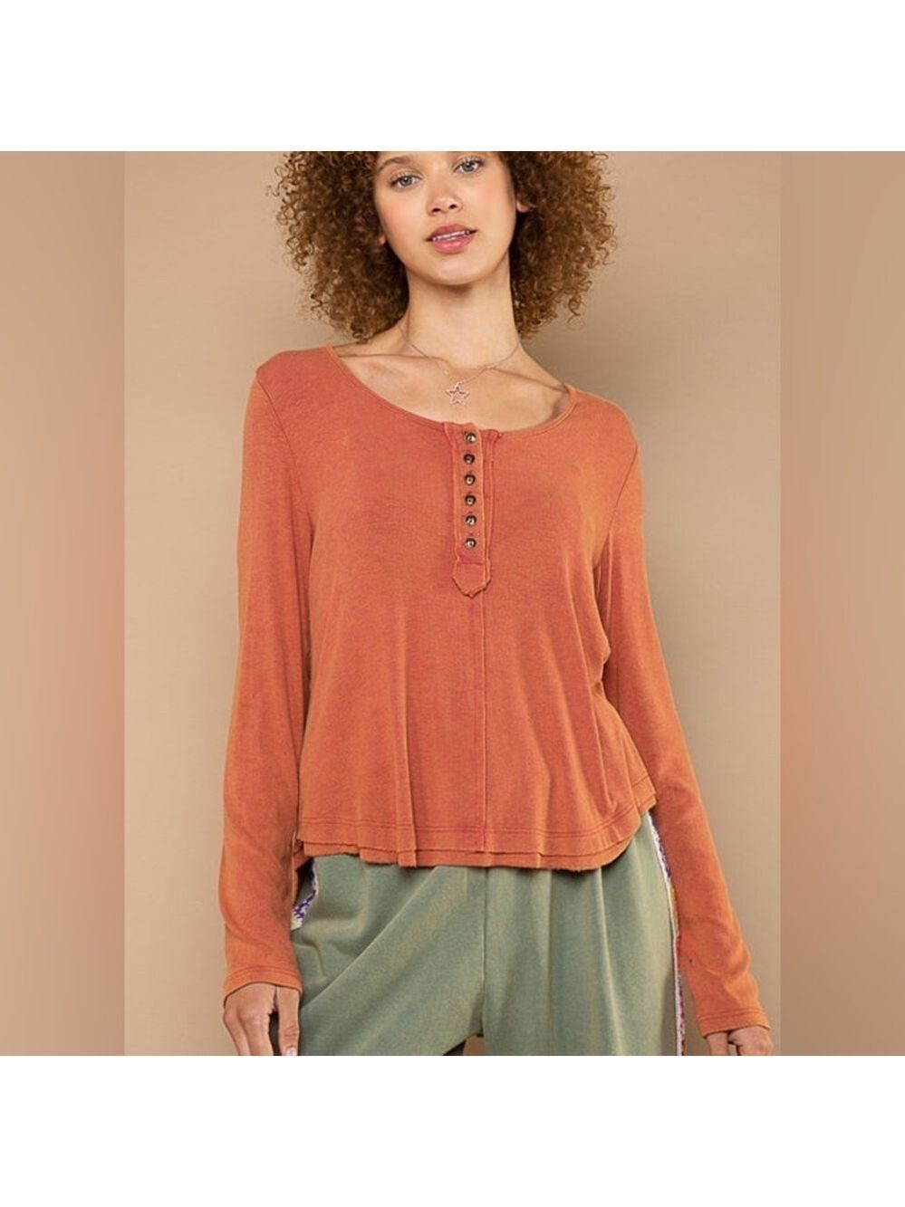POL Long Sleeve Henley Top Small Orange Ribbed Soft